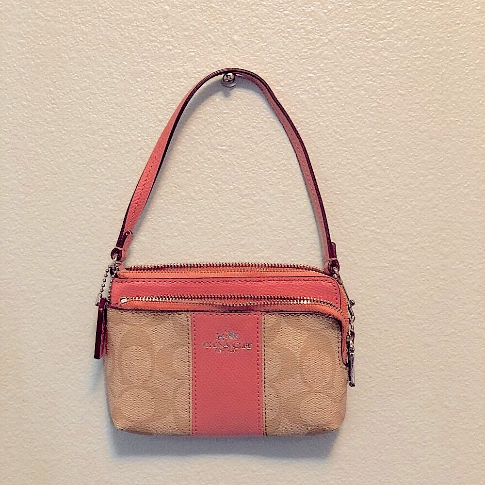 Coach Signature C Bubblegum Pink & Tan PVC Leather Double Zip Wristlet Wallet